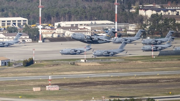 RAMSTEIN-MIESENBACH, GERMANY - APRIL 02: A Boeing C-17A globemaster III cargo plane of the U.S. Air Force takes off from Ramstein Air Base on April 02, 2026 in Ramstein-Miesenbach, Germany. Ramstein Air Base is an installation of the U.S. Air Force and is a major transit hub for U.S. troops and mate