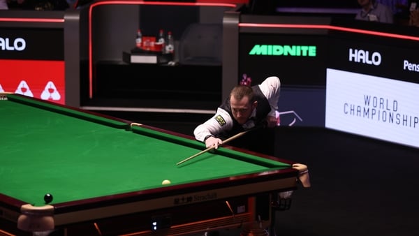 SHEFFIELD, ENGLAND - MAY 02: Mark Allen of Northern Ireland fails to pot the black in the second to last frame during the semi final match against Wu Yize of China on day fifteen of the Halo World Snooker Championship at The Crucible Theatre on May 02, 20