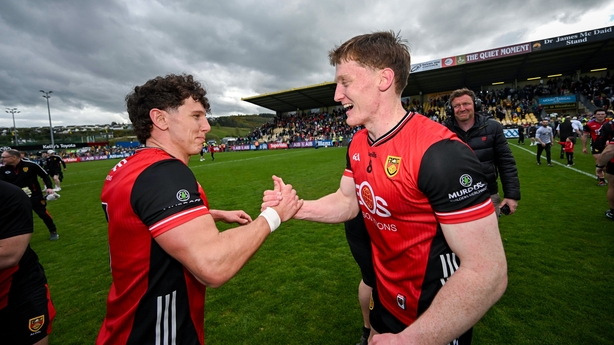 26 April 2026; Pierce Laverty, left, and Odhran Murdock of Down celebrate after the Ulster GAA Football Senior Championship quarter-final match between Donegal and Down at O'Donnell Park in Letterkenny, Donegal. Photo by Ramsey Cardy/Sportsfile
