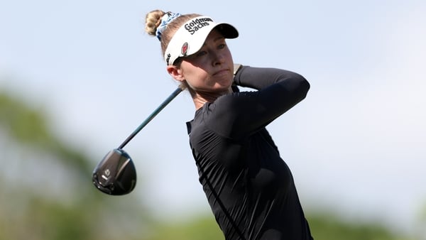 PLAYA DEL CARMEN, MEXICO - MAY 02: Nelly Korda of the United States plays her shot from the ninth tee during the third round of the Mexico Riviera Maya Open at Mayakoba 2026 at El Camaleon at Mayakoba on May 02, 2026 in Playa del Carmen, Mexico. (Photo by