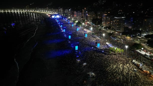 This aerial view shows Colombian singer Shakira performing during a free concert at Copacabana Beach in Rio de Janeiro