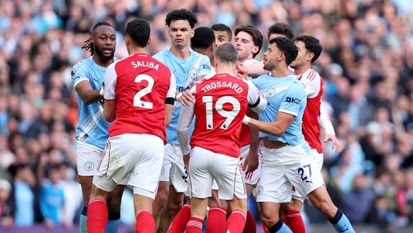 MANCHESTER, ENGLAND - APRIL 19: Antoine Semenyo, Nico O'Reilly and Matheus Nunes of Manchester City remonstrate with William Saliba and Leandro Trossard of Arsenal during the Premier League match between Manchester City and Arsenal at Etihad Stadium on Ap
