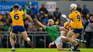 3 May 2026; Cathal O’Neill of Limerick attemps to keep possession under pressure during the Munster GAA Senior Hurling Championship Round 3 match between Clare and Limerick at Zimmer Biomet Páirc Chíosóg in Ennis, Clare. Photo by Brendan Moran/Sportsfile
