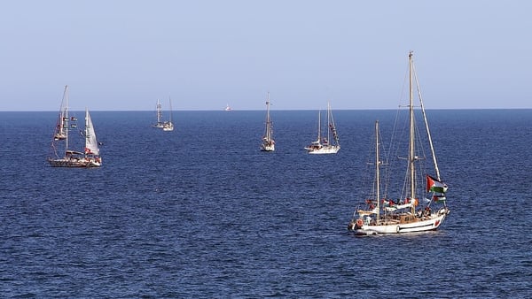 Boats belonging to the 'Global Sumud Flotilla 2026 Spring Mission' depart from the marina in Augusta, on the island of Sicily