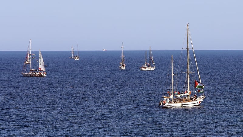 Boats belonging to the 'Global Sumud Flotilla 2026 Spring Mission' depart from the marina in Augusta, on the island of Sicily