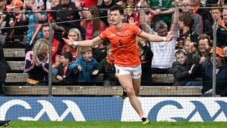 3 May 2026; Tomas McCormack of Armagh celebrates after scoring his side's first goal during the Ulster GAA Football Senior Championship semi-final match between Armagh and Down at St Tiernach's Park in Clones, Monaghan. Photo by Ramsey Cardy/Sportsfile