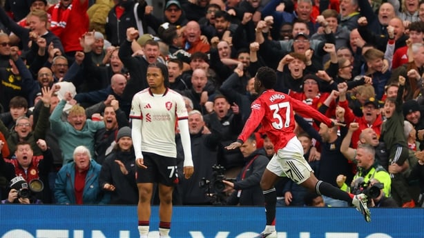 MANCHESTER, ENGLAND - MAY 3: Kobbie Mainoo of Manchester Utd celebrates after he scored for 3-2during the Premier League match between Manchester United and Liverpool at Old Trafford on May 3, 2026 in Manchester, United Kingdom. (Photo by Shaun Brooks - CameraSport via Getty Images)