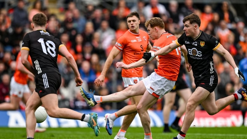 3 May 2026; Conor Turbitt of Armagh shoots to score his side's third goal during the Ulster GAA Football Senior Championship semi-final match between Armagh and Down at St Tiernach's Park in Clones, Monaghan. Photo by Ramsey Cardy/Sportsfile