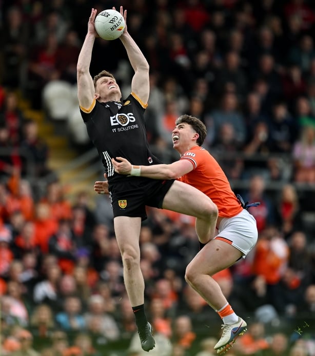 3 May 2026; Odhran Murdock of Down in action against Tiernan Kelly of Armagh during the Ulster GAA Football Senior Championship semi-final match between Armagh and Down at St Tiernach's Park in Clones, Monaghan. Photo by Ramsey Cardy/Sportsfile