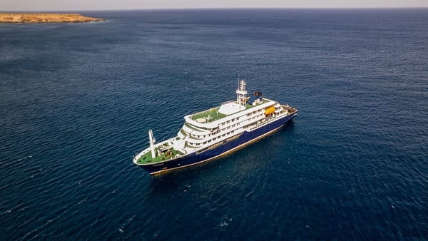 The cruise ship MV Hondius stationary off the port of Praia, the capital of Cape Verde, on May 3, 2026.