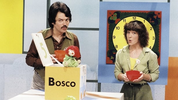 Jonathan Ryan and Gráinne Uí Mhaitiú on set of 'Bosco' (1979) RTÉ Photographic Archive. 