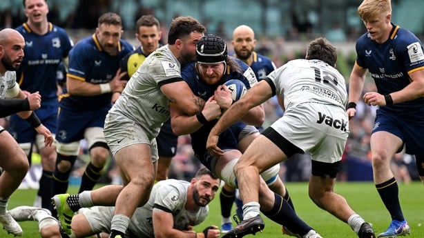 2 May 2026; Joe McCarthy of Leinster in action against Teddy Baubigny, left, and Jérémy Sinzelle of RC Toulon during the Investec Champions Cup semi-final match between Leinster and RC Toulon at the Aviva Stadium in Dublin. Photo by Sam Barnes/Sportsfile