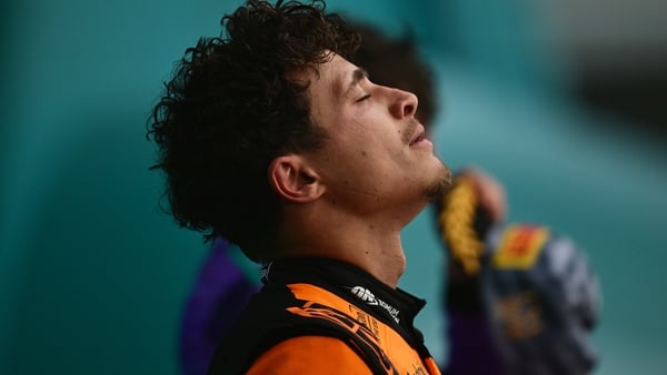 MIAMI, FLORIDA - MAY 03: Second placed Lando Norris of Great Britain and McLaren on the podium during the F1 Grand Prix of Miami at Miami International Autodrome on May 03, 2026 in Miami, Florida. (Photo by Mario Renzi - Formula 1/Formula 1 via Getty Imag