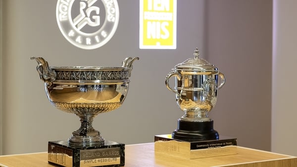 PARIS, FRANCE - APRIL 16: The Roland-Garros Winner Men's Trophy (L) and Winner Women's Trophy (R) are displayed during the French Open Press Conference at Roland Garros on April 16, 2026 in Paris, France. (Photo by Antonio Borga/Eurasia Sport Images/Getty