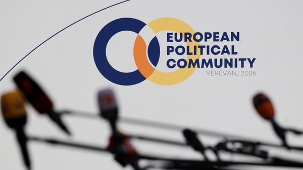 A view shows the summit logo during the 8th European Political Community (EPC) summit in Yerevan
