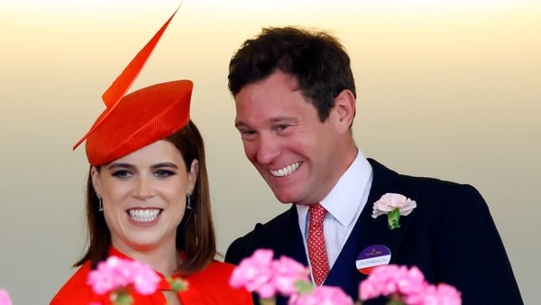 Britain's Princess Eugenie and husband Jack Brooksbank watch the racing from the Royal Box as they attend day five of Royal Ascot at Ascot Racecourse on 21 June, 2025 in Ascot, England. (Photo by Max Mumby/Indigo/Getty Images)
