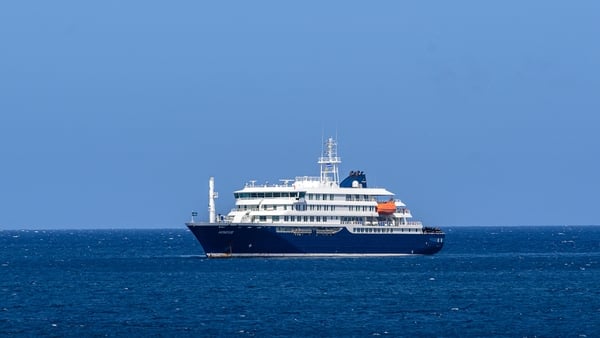 A general view of the cruise ship MV Hondius stationary off the port of Praia, the capital of Cape Verde