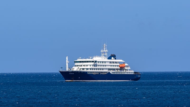 A general view of the cruise ship MV Hondius stationary off the port of Praia, the capital of Cape Verde