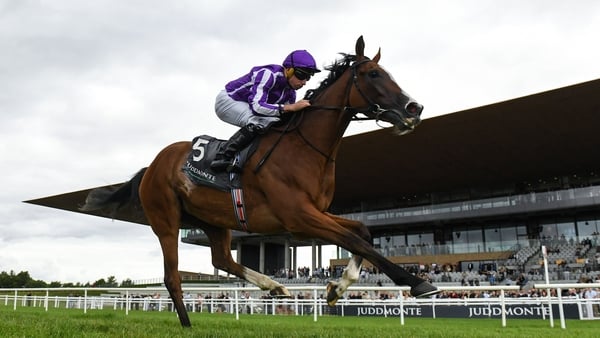 19 July 2025; Minnie Hauk, with Ryan Moore up, on their way to winning the Juddmonte Irish Oaks from second place Wemightakedlongway with Dylan Browne McMonagle during day one of the Juddmonte Irish Oaks Weekend at The Curragh Racecourse in Kildare. Photo