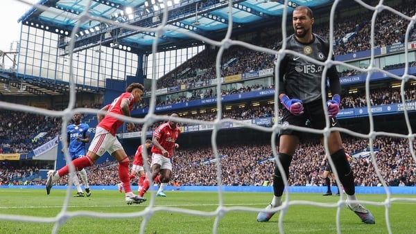 Chelsea goalkeeper Robert Sanchez reacts after Igor Jesus scores for Nottingham Forest