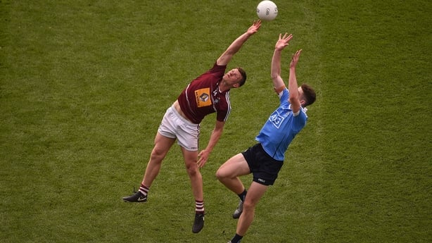 John Heslin and Brian Fenton contest possession during the 2016 Leinster football final