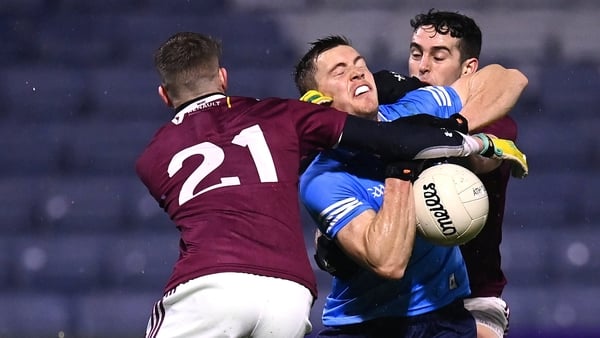 Dublin's Con O'Callaghan is challenged by Westmeath's Conor Slevin, left, and Ray Connellan during the sides last Leinster clash in 2020