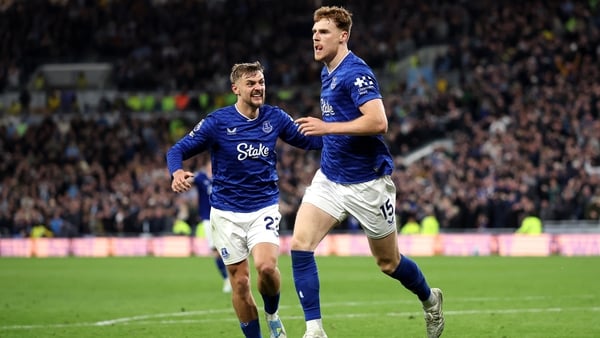 Republic of Ireland international and Everton defender Jake O'Brien celebrates his goal against Manchester City