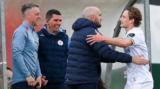 Dublin , Ireland - 4 May 2026; Harry Wood of Shelbourne celebrates with manager Joey O'Brien after scoring his side's second goal during the SSE Airtricity Men's Premier Division match between Bohemians and Shelbourne at Dalymount Park in Dublin. (Photo By Stephen McCarthy/Sportsfile via Getty Image