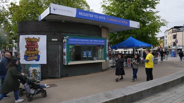 A voter registration stand is pictured in Eye Square in Galway