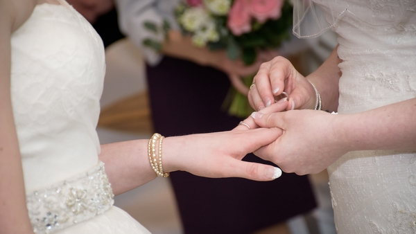 Bride puts ring on her partner in same sex wedding