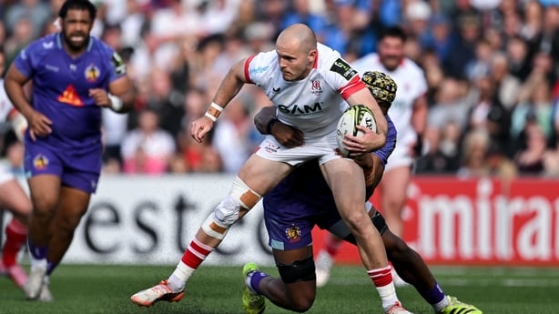 2 May 2026; Jacob Stockdale of Ulster is tackled by Christ Tshiunza of Exeter Chiefs during the EPCR Challenge Cup semi-final match between Ulster and Exeter Chiefs at Affidea Stadium in Belfast. Photo by Ramsey Cardy/Sportsfile