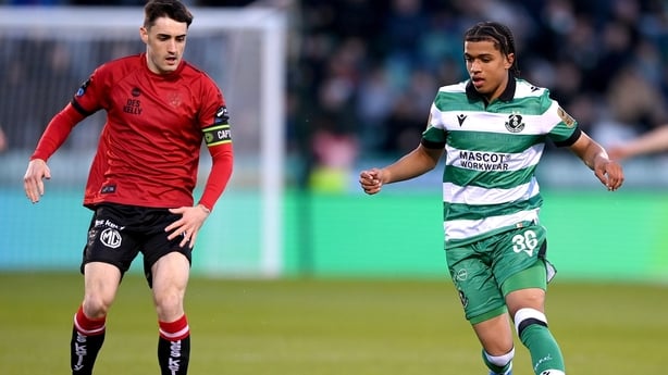 Victor Ozhianvuna of Shamrock Rovers in action against Dawson Devoy of Bohemians during the SSE Airtricity Men's Premier Division match between Shamrock Rovers and Bohemians at Tallaght Stadium in Dublin.