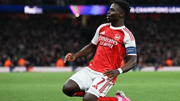 LONDON, ENGLAND - MAY 05: Bukayo Saka of Arsenal celebrates scoring his team's first goal during the UEFA Champions League 2025/26 Semi Final Second Leg match between Arsenal FC and Atletico de Madrid at Arsenal Stadium on May 05, 2026 in London, England.