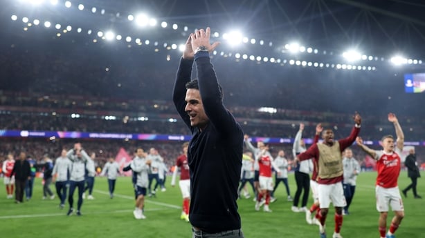 LONDON, ENGLAND - MAY 05: Mikel Arteta, Manager of Arsenal, celebrates progressing to the final of the UEFA Champions League 2025/26 after the team's victory in the UEFA Champions League 2025/26 Semi Final Second Leg match between Arsenal FC and Atletico de Madrid at Arsenal Stadium on May 05, 2026 