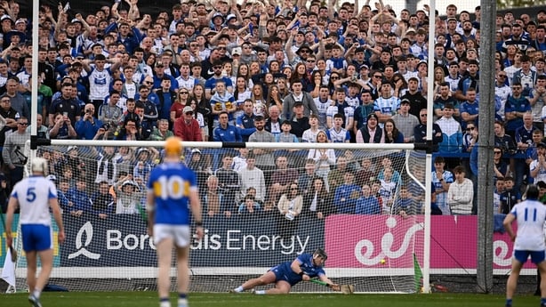 26 April 2026; Waterford supporters look on as Waterford goalkeeper Billy Nolan saves a penalty during the Munster GAA Senior Hurling Championship Round 2 match between Waterford and Tipperary at Azzurri Walsh Park in Waterford. Photo by Ben McShane/Sportsfile