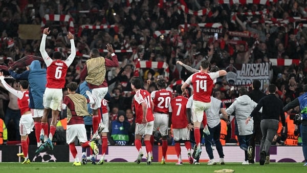 LONDON, ENGLAND - MAY 05: Arsenal players celebrate after the UEFA Champions League 2025/26 Semi Final Second Leg match between Arsenal FC and Atletico de Madrid at Arsenal Stadium on May 05, 2026 in London, England. (Photo by David Price/Arsenal FC via G
