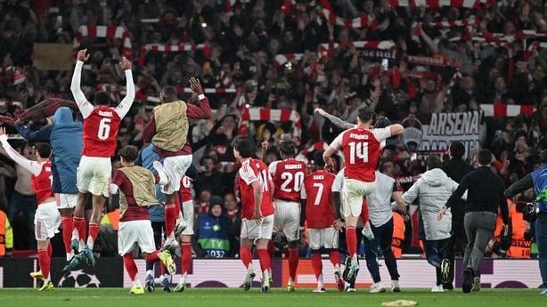 LONDON, ENGLAND - MAY 05: Arsenal players celebrate after the UEFA Champions League 2025/26 Semi Final Second Leg match between Arsenal FC and Atletico de Madrid at Arsenal Stadium on May 05, 2026 in London, England. (Photo by David Price/Arsenal FC via Getty Images)