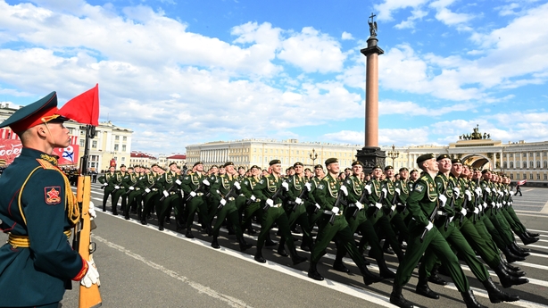 ST. PETERSBURG, RUSSIA - MAY 5: Troops march during a rehearsal for the Victory Day military parade at Dvortsovaya (Palace) Square in Saint Petersburg, Russia on May, 5, 2026. (Photo by Bora Demir/Anadolu via Getty Images)