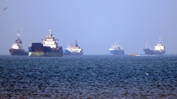 Vessels are pictured anchored in the Strait of Hormuz off Bandar Abbas in southern Iran GETTY