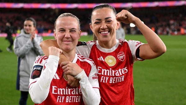 LONDON, ENGLAND - MARCH 28: Beth Mead and Katie McCabe of Arsenal celebrate victory following the Barclays Women's Super League match between Arsenal and Tottenham Hotspur at Emirates Stadium on March 28, 2026 in London, England. (Photo by Alex Burstow/Ar