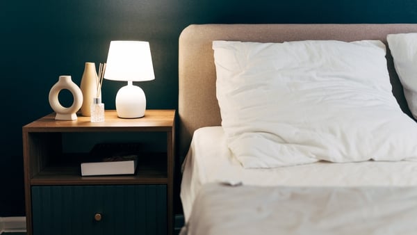 A lamp beside a bed in rental accommodation