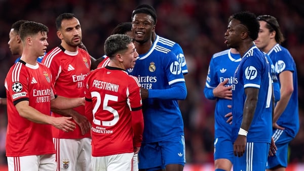 LISBON, PORTUGAL - FEBRUARY 17: Gianluca Prestianni of Benfica speaks towards Vinicius Junior of Real Madrid during the UEFA Champions League 2025/26 League Knockout Play-off First Leg match between SL Benfica and Real Madrid C.F. at Estadio do SL Benfica