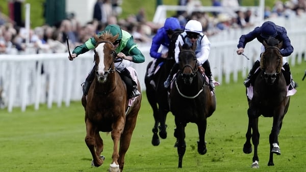 CHESTER, ENGLAND - MAY 06: Ryan Moore riding Benvenuto Cellini (green) win The Boodles Chester Vase Stakes at Chester Racecourse on May 06, 2026 in Chester, England. (Photo by Alan Crowhurst/Getty Images)