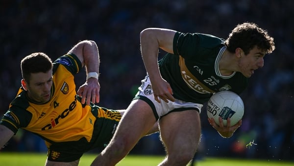Tomás Kennedy of Kerry in action against Eoghan Bán Gallagher of Donegal during the Allianz Football League Division 1 final match between Kerry and Donegal at Croke Park in Dublin.