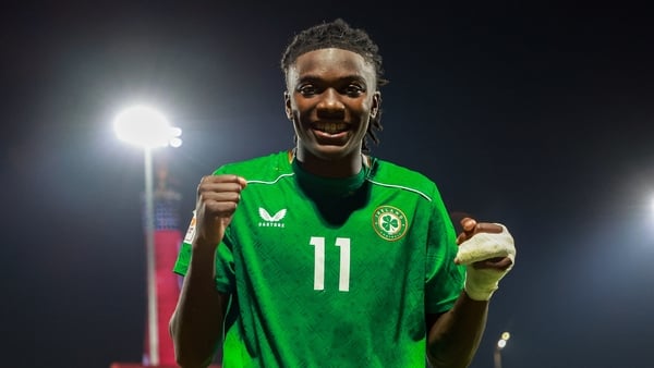 Jaden Umeh of Republic of Ireland celebrates after the FIFA Under-17 World Cup Group J match between Republic of Ireland and Uzbekistan at Aspire Zone in Doha, Qatar.