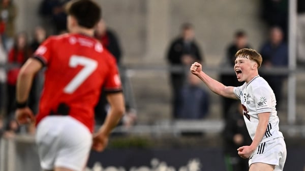 6 May 2026; Euan Cowzer of Kildare celebrates scoring a point during the Dalata Hotel Group Leinster Under-20 Football Championship final match between Louth and Kildare at Parnell Park in Dublin. Photo by Piaras Ó Mídheach/Sportsfile