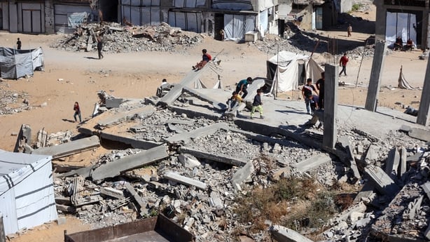 Children play on the rubble of a destroyed building in Jabalia, northern Gaza Strip, on May 6, 2026. (Photo by Majdi Fathi/NurPhoto)