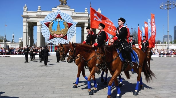 The Kremlin Equestrian School's horsemen with Soviet Union flags seen during performance dedicated to Victory Day 9 May at the VDNKh. The Kremlin Equestrian School was founded in 2006 under the aegis of the Moscow Kremlin Commandant's Service of the Federal Guard Service of the Russian Federation.