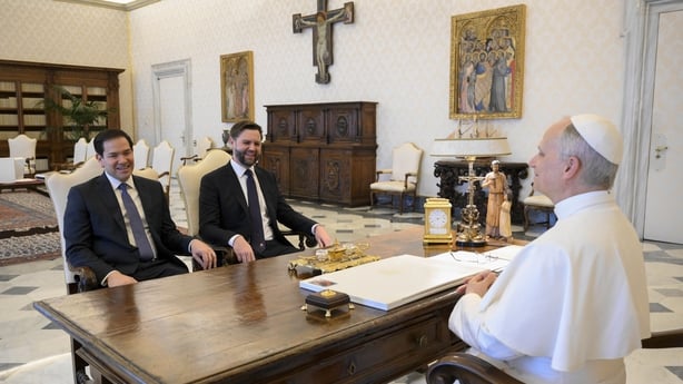 marco rubio and jd vance sit across a table from pope leo
