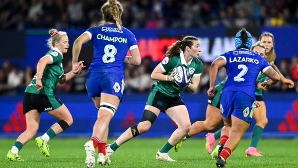 25 April 2026; Eve Higgins of Ireland during the Women's Six Nations Rugby Championship match between France and Ireland at Stade Marcel Michelin in Clermont, France. Photo by Shauna Clinton/Sportsfile